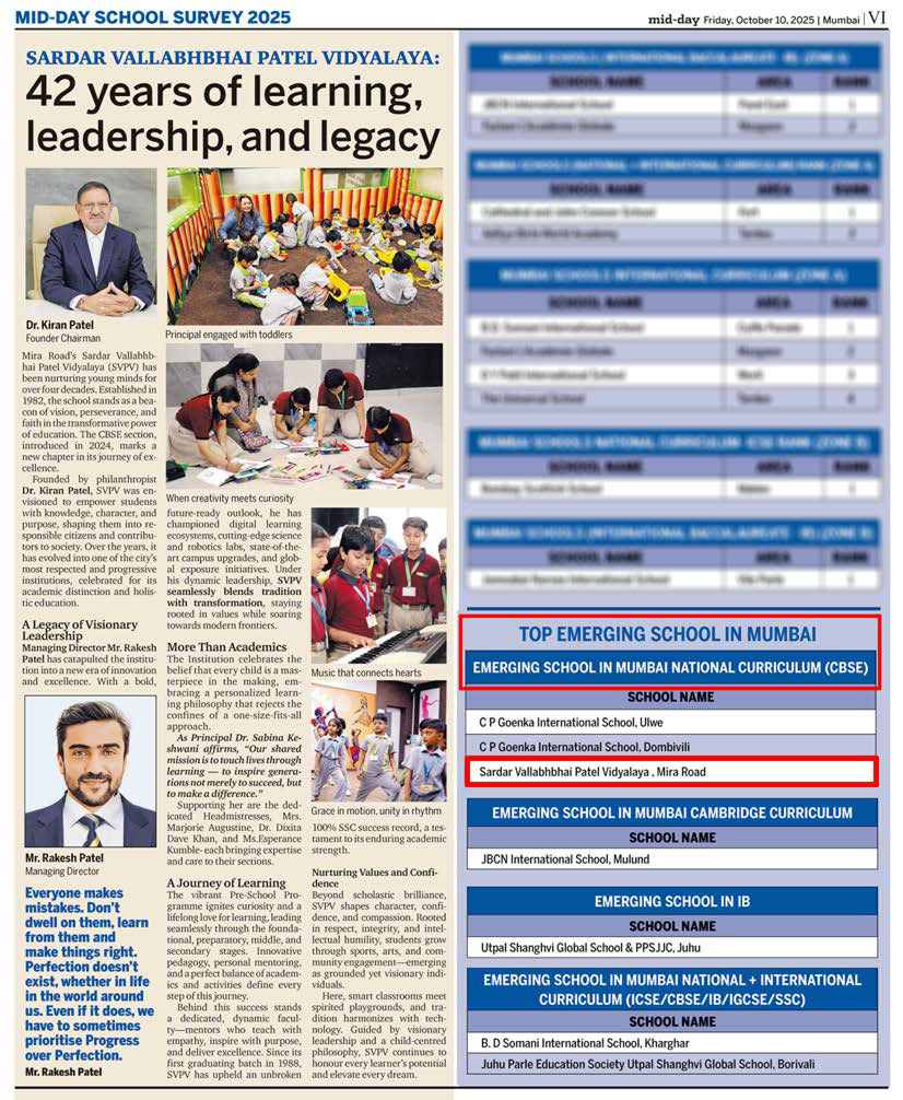Mid-Day School Survey 2025 feature: SVPV ranked among Top Emerging Schools in Mumbai (CBSE)